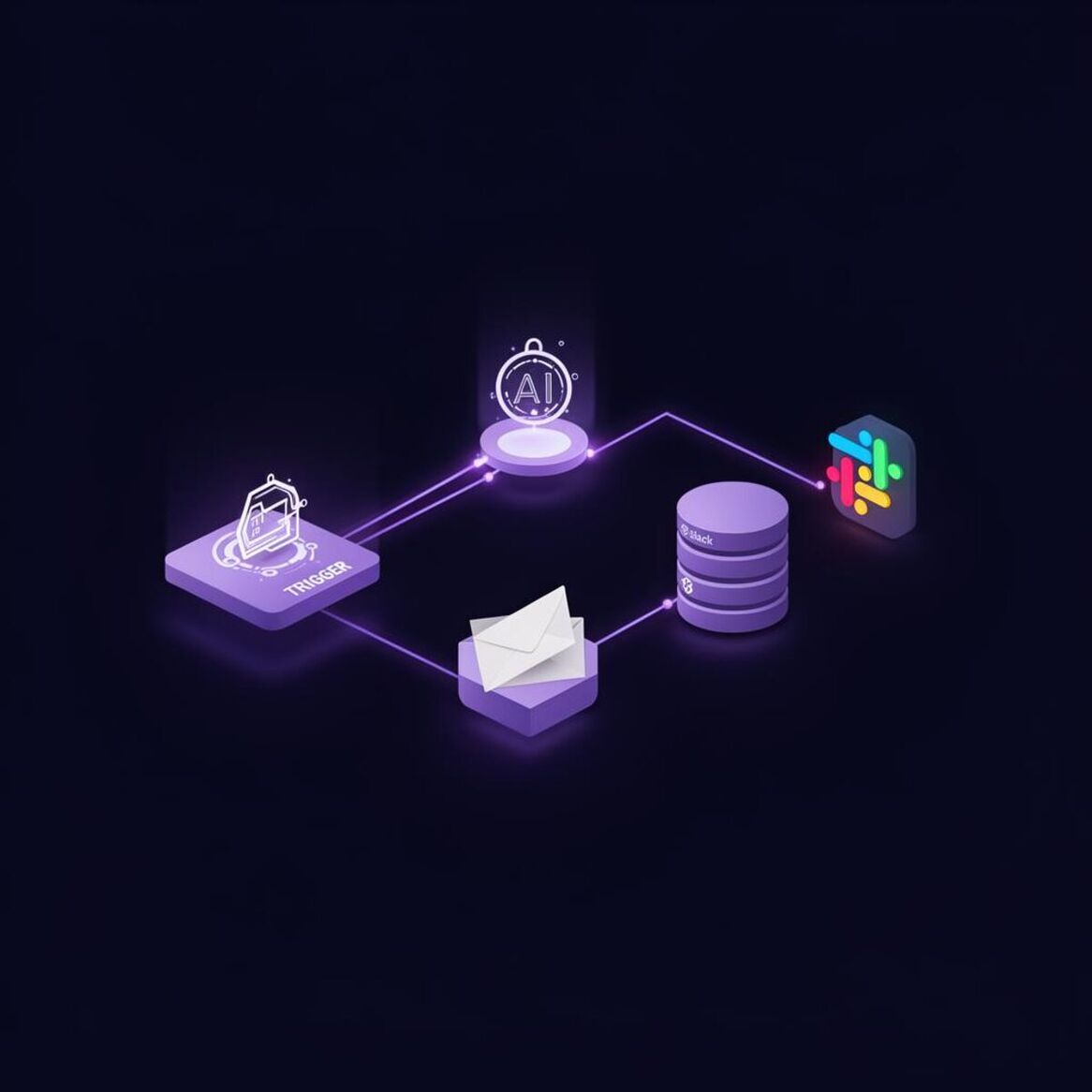 Diagram of an n8n workflow connecting trigger, AI, database, email and Slack nodes